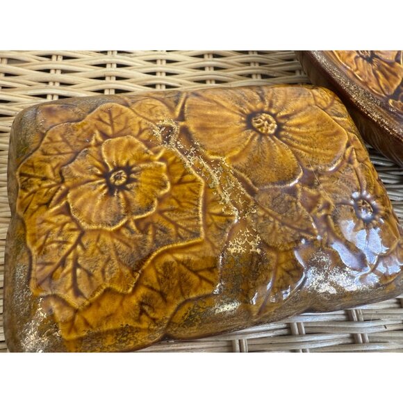 Vintage MCM California Pottery Ashtray Cigarette Box Set Brown Gold Floral - Picture 6 of 15